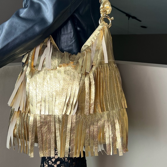 GOLDENBLEU Gold Genuine Leather Fringe Handbag - Picture 6 of 16